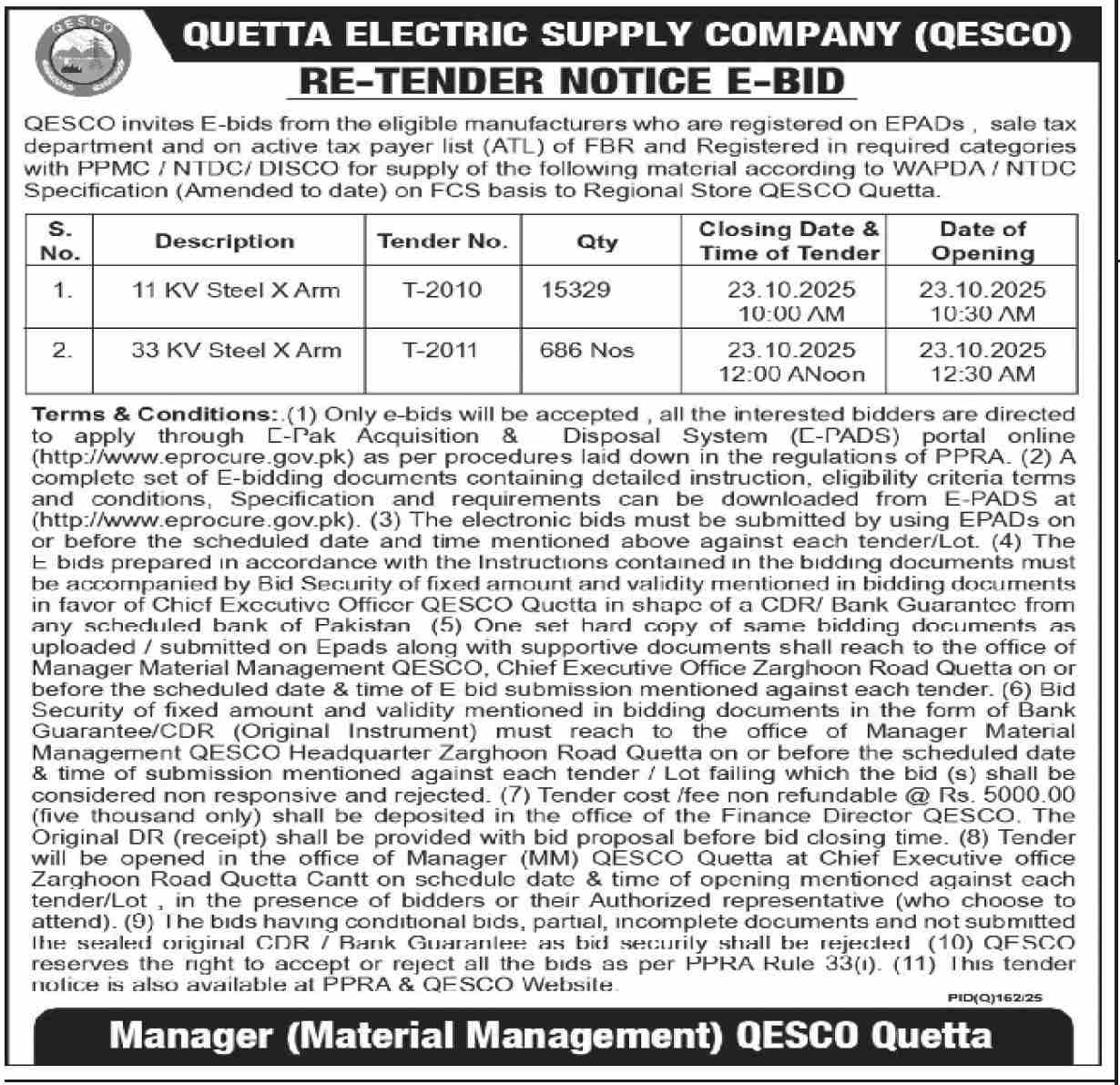 Quetta Electric Supply Company Tender Notice